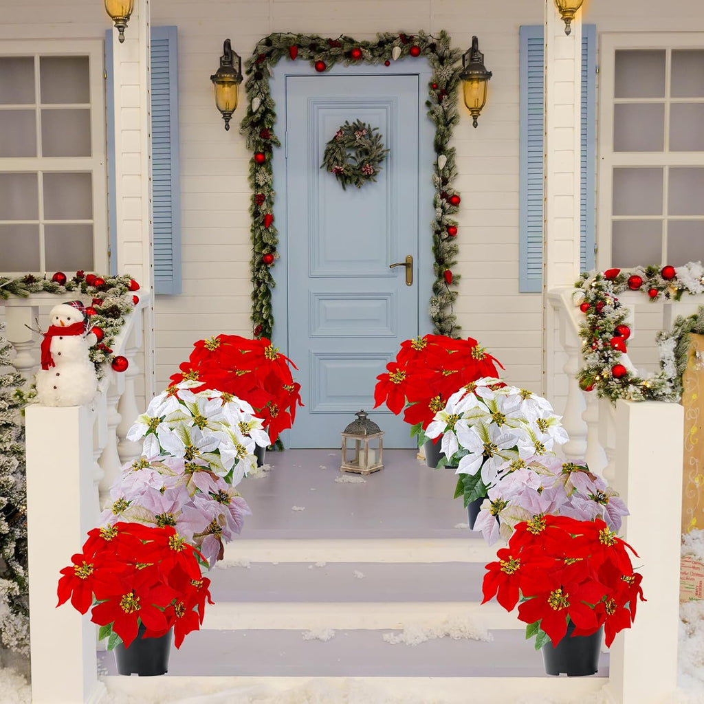 Artificial Pink Poinsettia Plant - 14Inch Faux Christmas Flowers for Indoor Outdoor Xmas Porch Garden Decorations