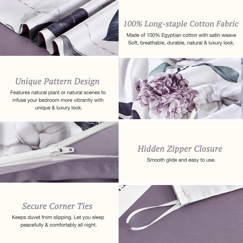 MILDLY 100% Long-Staple Cotton Duvet Cover Set Hydrangea Lotus Flower Pattern Printed Comforter Cover 3pcs, Ultra Soft & Breathable Bedding Set