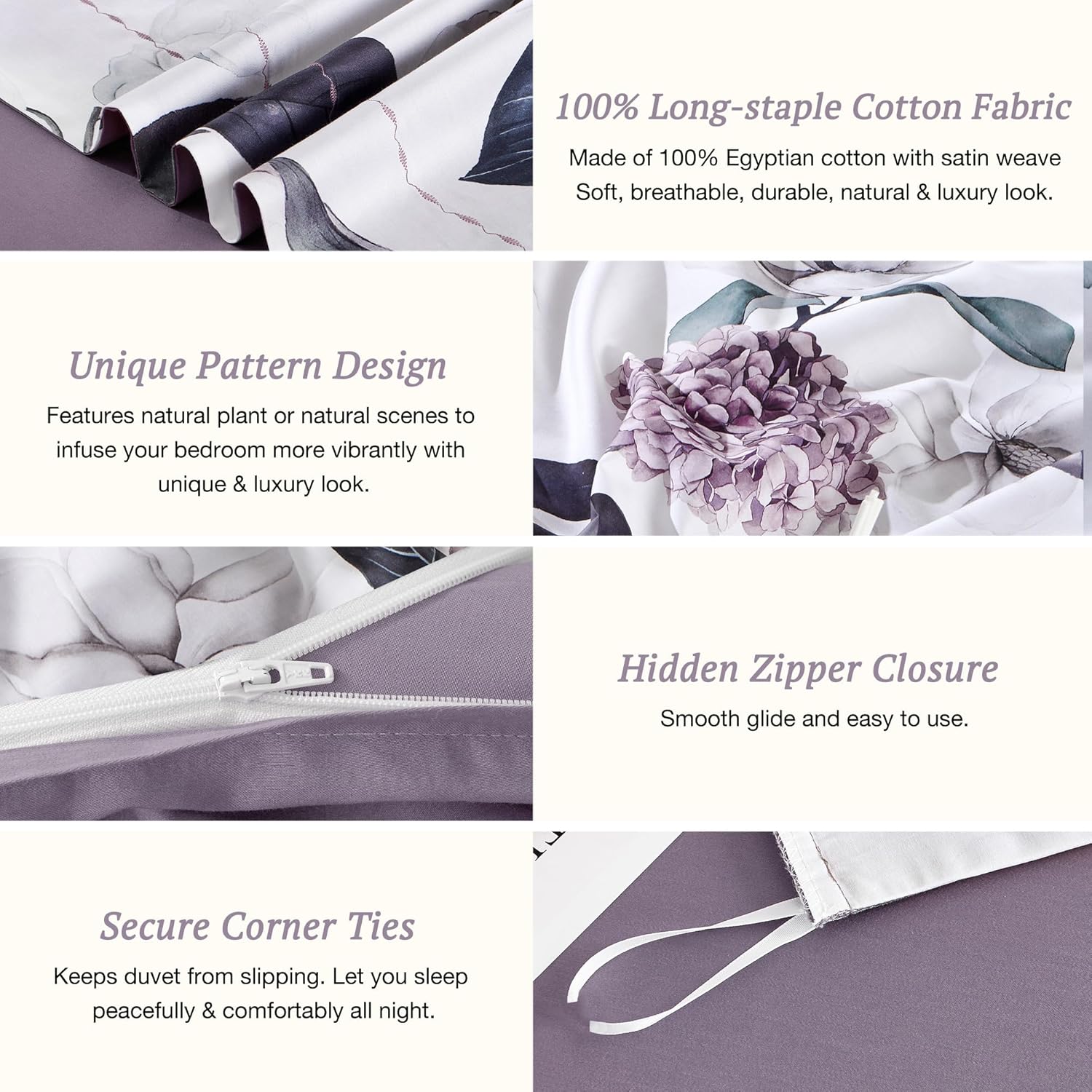 MILDLY 100% Long-Staple Cotton Duvet Cover Set Hydrangea Lotus Flower Pattern Printed Comforter Cover 3pcs, Ultra Soft & Breathable Bedding Set