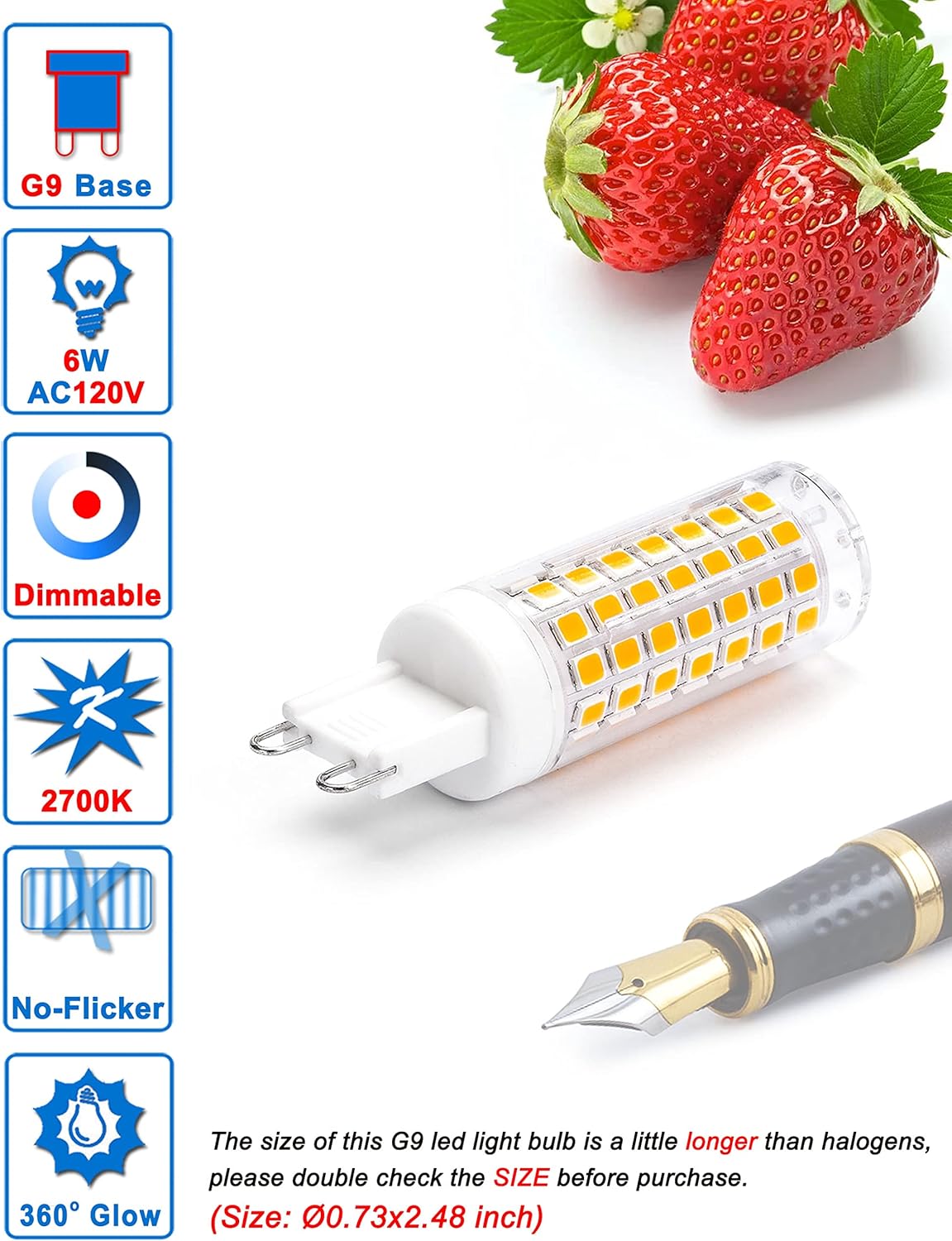 No Flicker G9 Led Bulbs Dimmable 6W Soft Warm White 2700K,40W 50W 60W Halogen Equivalent,AC120V Dimmable G9 T4 LED Bulb for Chandelier Pendant Ceiling Wall Light,600LM,360Deg(5Pack)