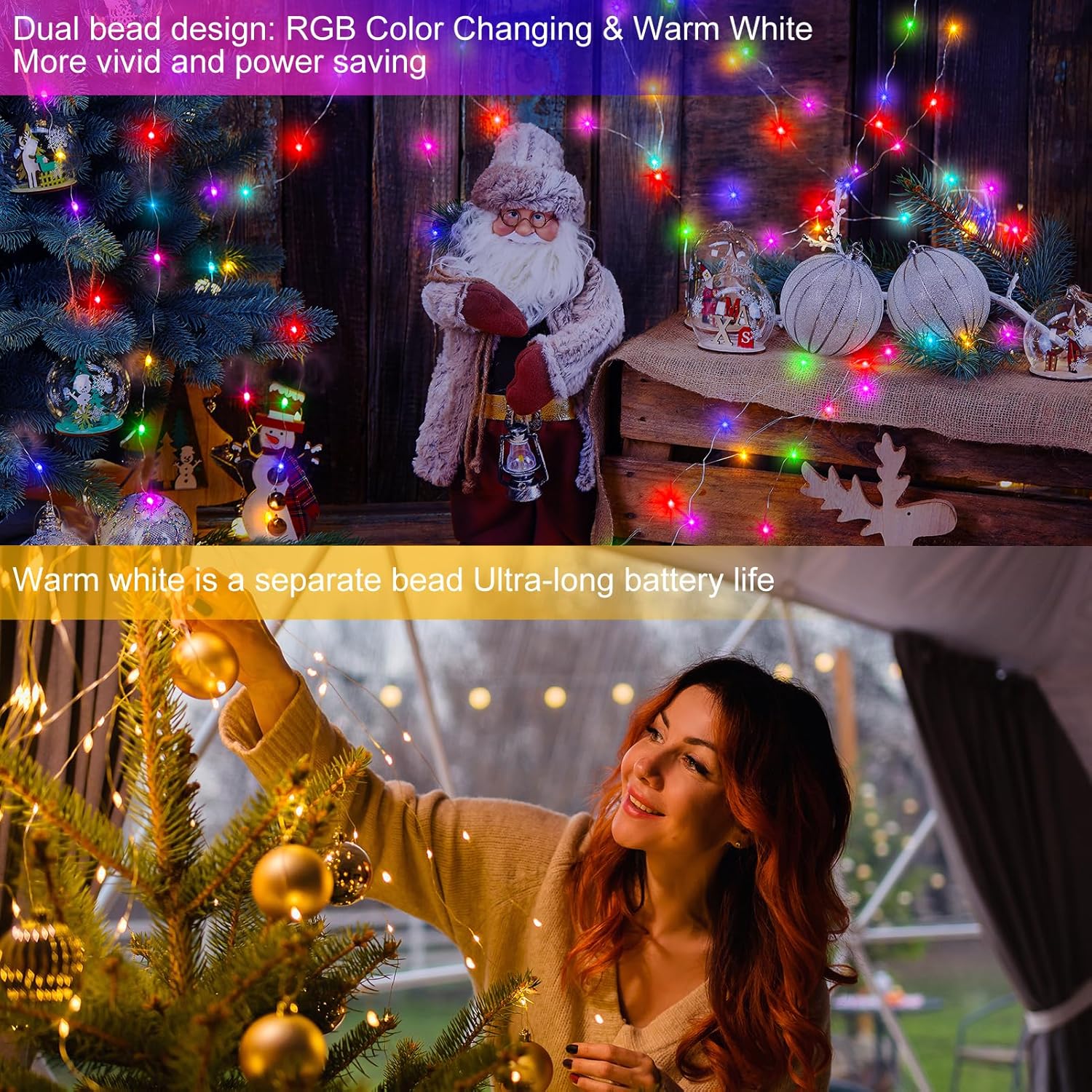echosari Fairy Lights Battery Operated, 33Ft 100 LED 150 Scene Modes Silver Wire Twinkle Lights with Remote Timer for Bedroom Trees Garden Decor (RGB + 2700K Warm White)