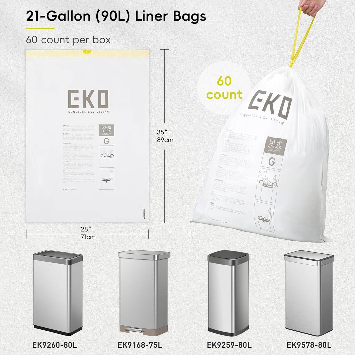 EKO 21 Gallon / 50-90 Liter, 60 Count Drawstring Trash Bags, Extra-Strong Garbage Bags, Lemon Zest Scent with Continuous Odor Control, Easy-Dispense Roll for Kitchen and Household Use, Code G, White