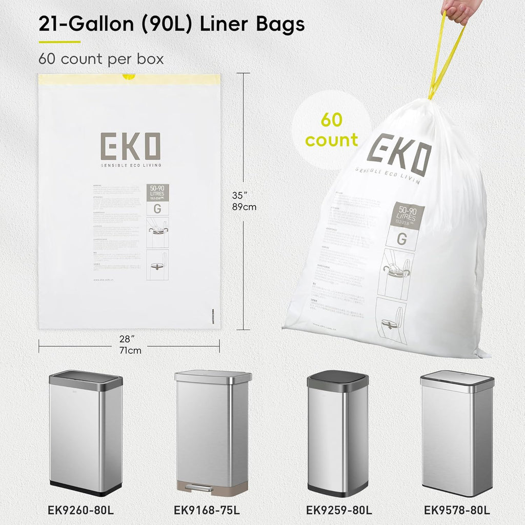 EKO 21 Gallon / 50-90 Liter, 60 Count Drawstring Trash Bags, Extra-Strong Garbage Bags, Lavender Scent with Continuous Odor Control, Easy-Dispense Roll for Kitchen and Household Use, Code G, White