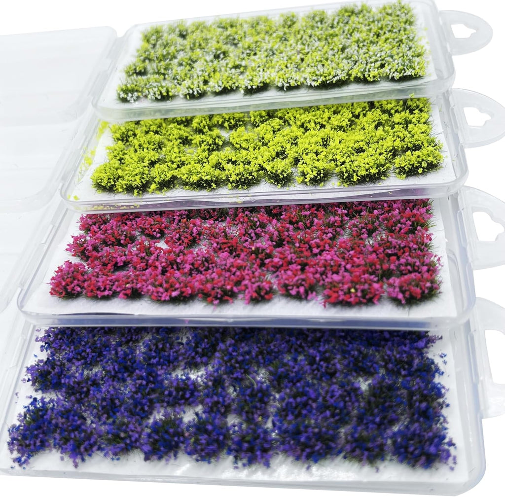 Woohome 4 Pack Miniature Colorful Flower Cluster Self Adhesive Flower Vegetation Groups Static Grass Tufts for Train Landscape Railroad Scenery Sand Military Layout Model