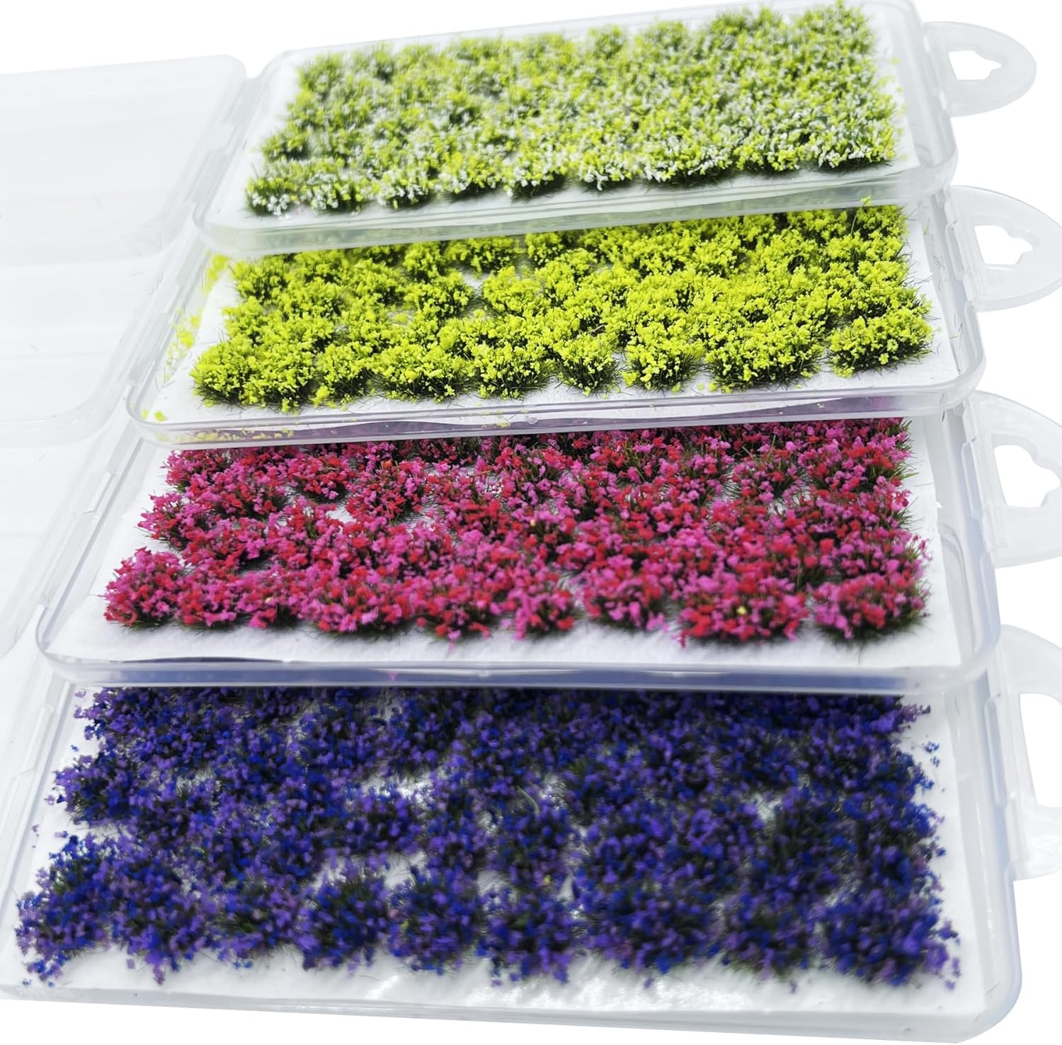 Woohome 4 Pack Miniature Colorful Flower Cluster Self Adhesive Flower Vegetation Groups Static Grass Tufts for Train Landscape Railroad Scenery Sand Military Layout Model
