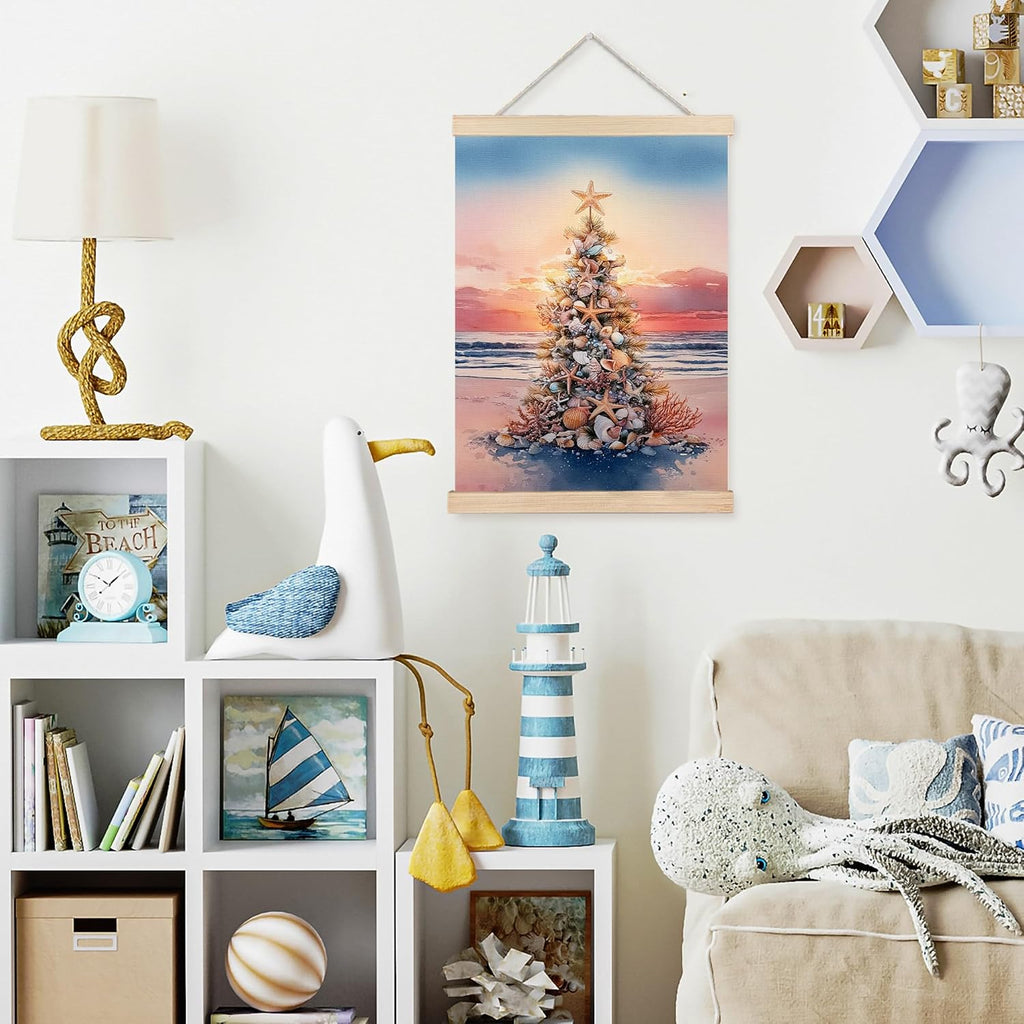 FDHSPAAM Beach Christmas Tree Wall Art Decor, Coastal Christmas Decor, Tropical Sunset Ocean Starfish Seashell Holiday Wall Art Posters for Beach House Home Bedroom Living Room, 12x16 Inch