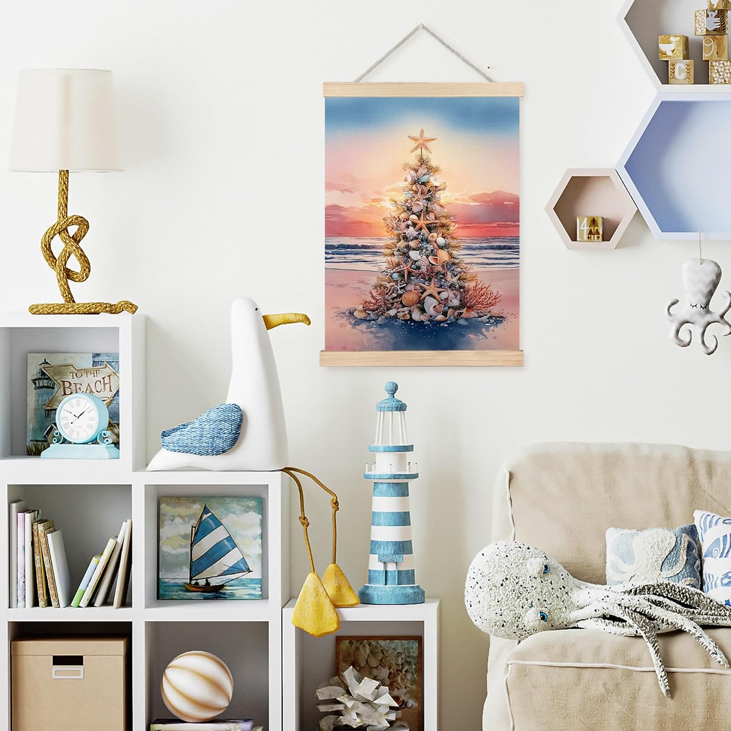 FDHSPAAM Beach Christmas Tree Wall Art Decor, Coastal Christmas Decor, Tropical Sunset Ocean Starfish Seashell Holiday Wall Art Posters for Beach House Home Bedroom Living Room, 12x16 Inch