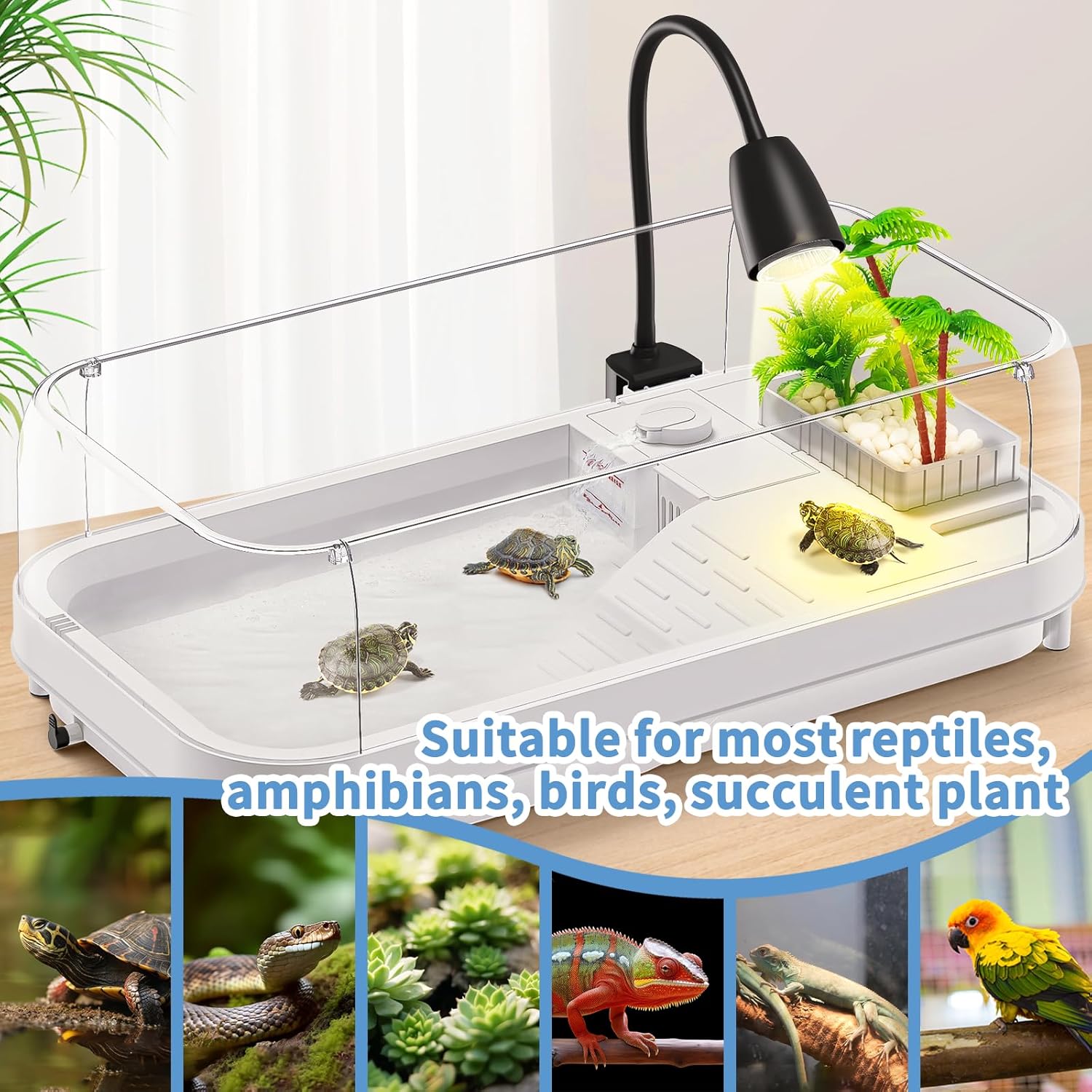 Upgrade Reptile Heat Lamp, 360° Rotatable Light Lamp with 2pcs Longlasting Basking Bulbs (25W + 50W), Suitable for Turtle, Bearded Dragon, Reptiles, Snake, Lizard (Black)