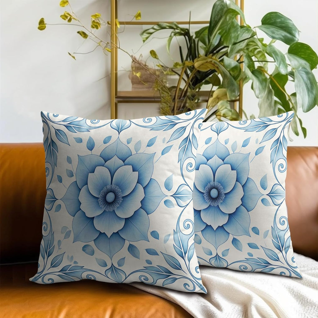 Boho Chic Blue Lotus Throw Pillow Covers Set of 2 Ultra-Soft All-Season Pillow Shams with Hidden Zipper,Durable for Sofa Bed Car Decor & Gift Luxury 18x18IN