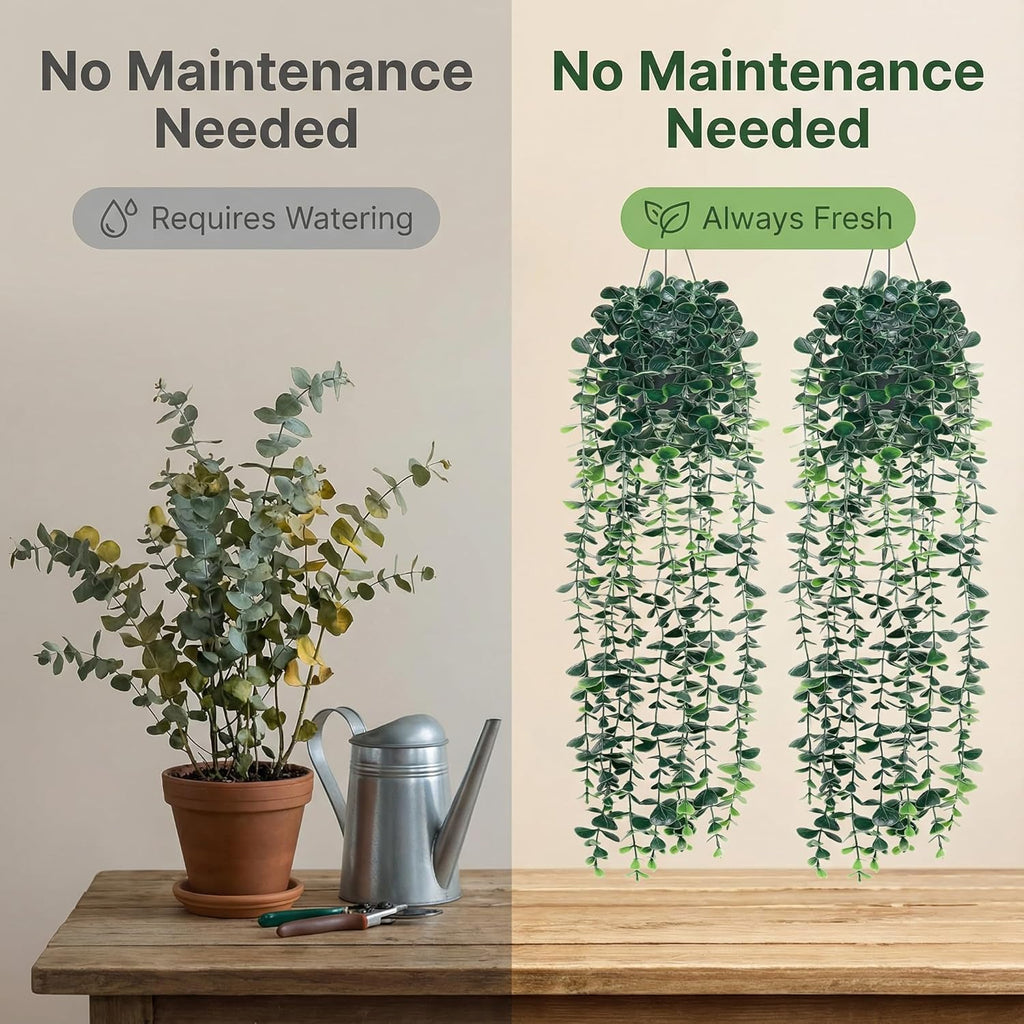 Artificial Hanging Eucalyptus Plants，Fake Plants Eucalyptus Small Decor Faux Hanging Vine Plants Wall Greenery for New Home Decoration，for Floating Shelf Indoor Outdoor Pack of 2