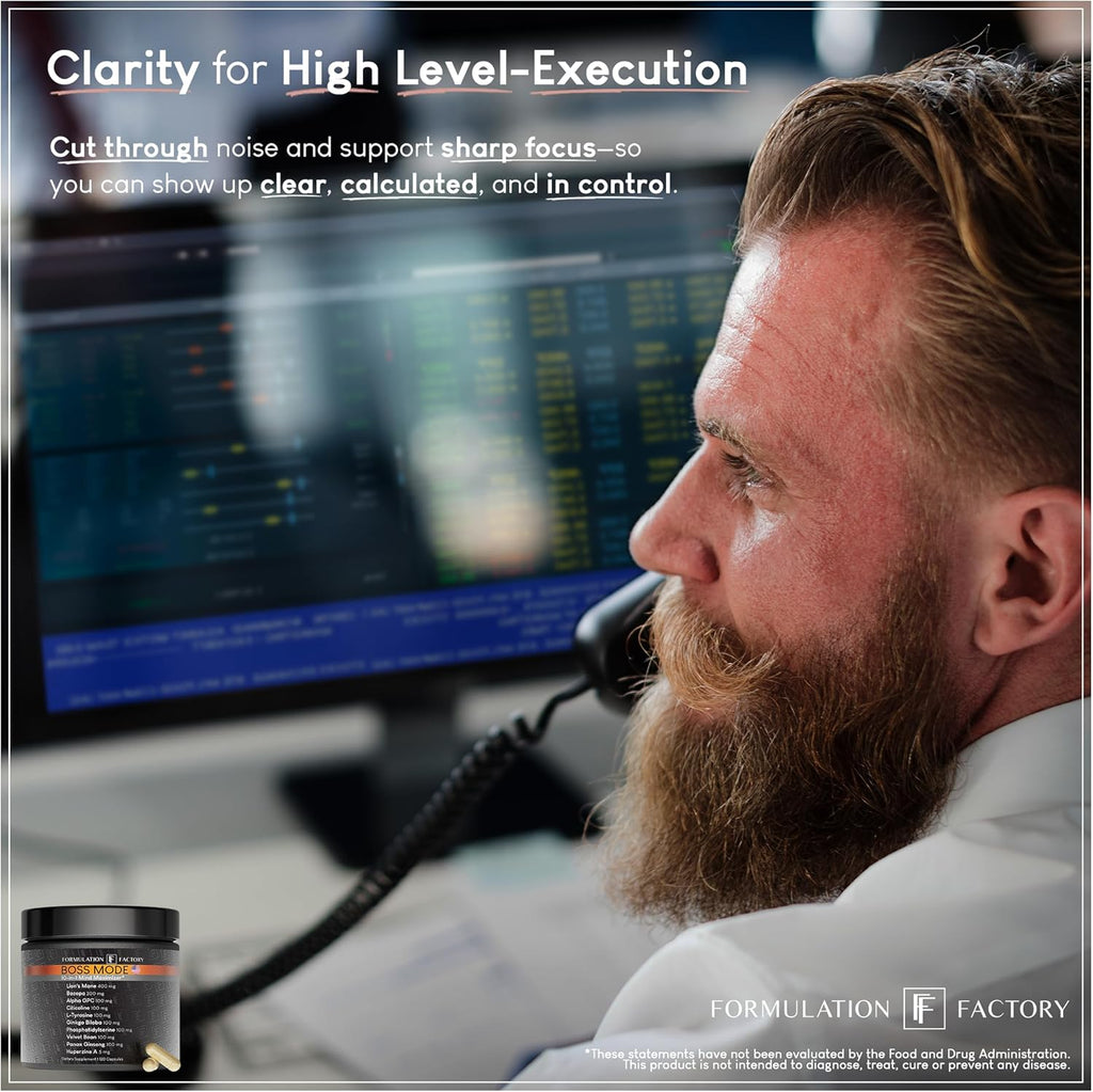 Formulation Factory Boss Mode 10-in-1 Nootropic Cognitive Enhancement Supplement, Focus & Memory Booster, Featuring Lion’s Mane, Bacopa Monnieri, Alpha-GPC, Ginseng & More 120 Capsules (1 Pack)