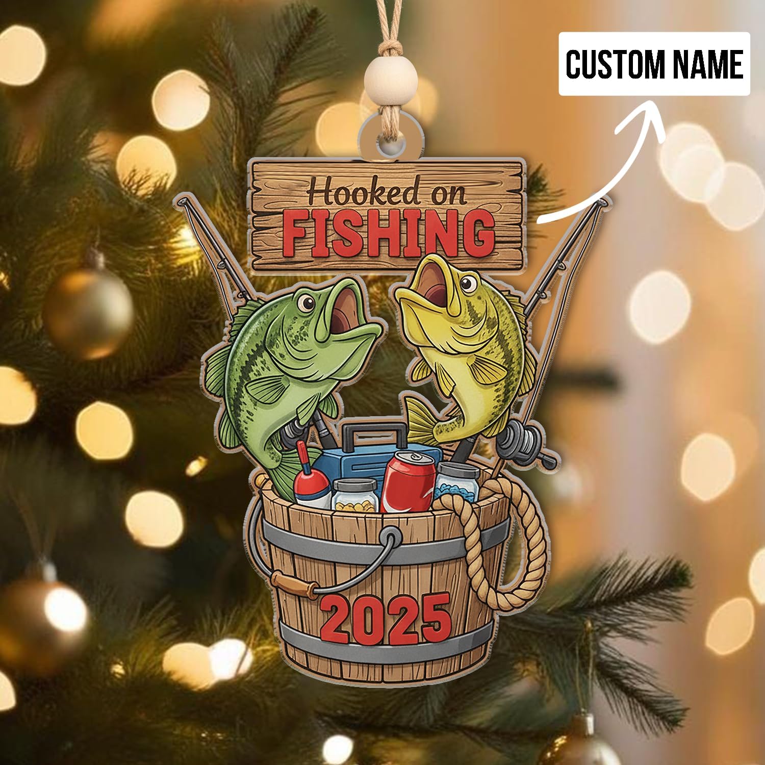 Personalized Bass Fishing Ornament - Fishing Pole and Tackle Ornaments Christmas Tree Decor - Outdoor Hanging Xmas Decorations Gift for Anglers, Dads & Fisherman