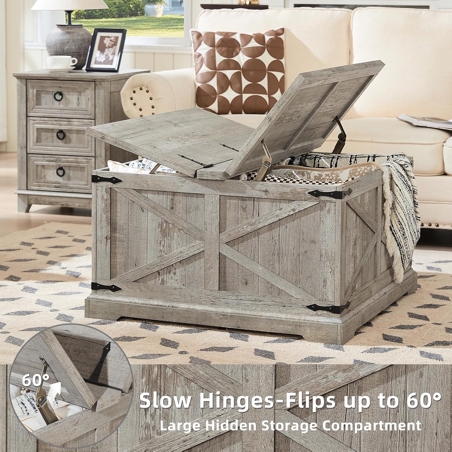 Farmhouse Coffee Table with Large Hidden Storage Compartment, Light Oak Square Center Table, Wood Rustic Low Modern Living Room Tables with Hinged Lift Brown Top & Wooden Arc Base