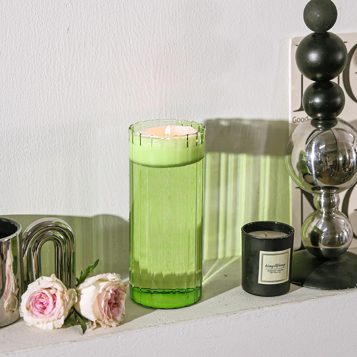 ComSaf Glass Cylinder Vases, Bud Vase for Centerpieces, 8 Inch Tall Ribbed Vase Hurricane Floating Candle Holder, Decorative Flower Vases for Wedding Reception, Home Decor, Housewarming Gift (Green)