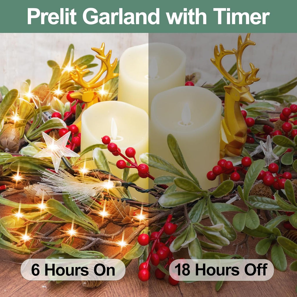 6.5FT Christmas Garland with Star Lights,Prelit Christmas Decorations,Lighted Garland with Battery Operated,Denser Realistic Olive Leaves Greenery Home Decor for Mantle Fireplace Table Indoor Outdoor