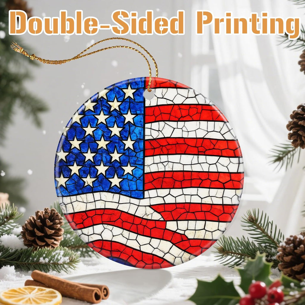 Ceramic-Style Christmas Tree Decorations, Christmas Ornaments, Double-Sided Printed Ornament Keepsakes, Holiday Decor. Xmas Gifts, Gifts for Flag Lovers - American Flag-Themed