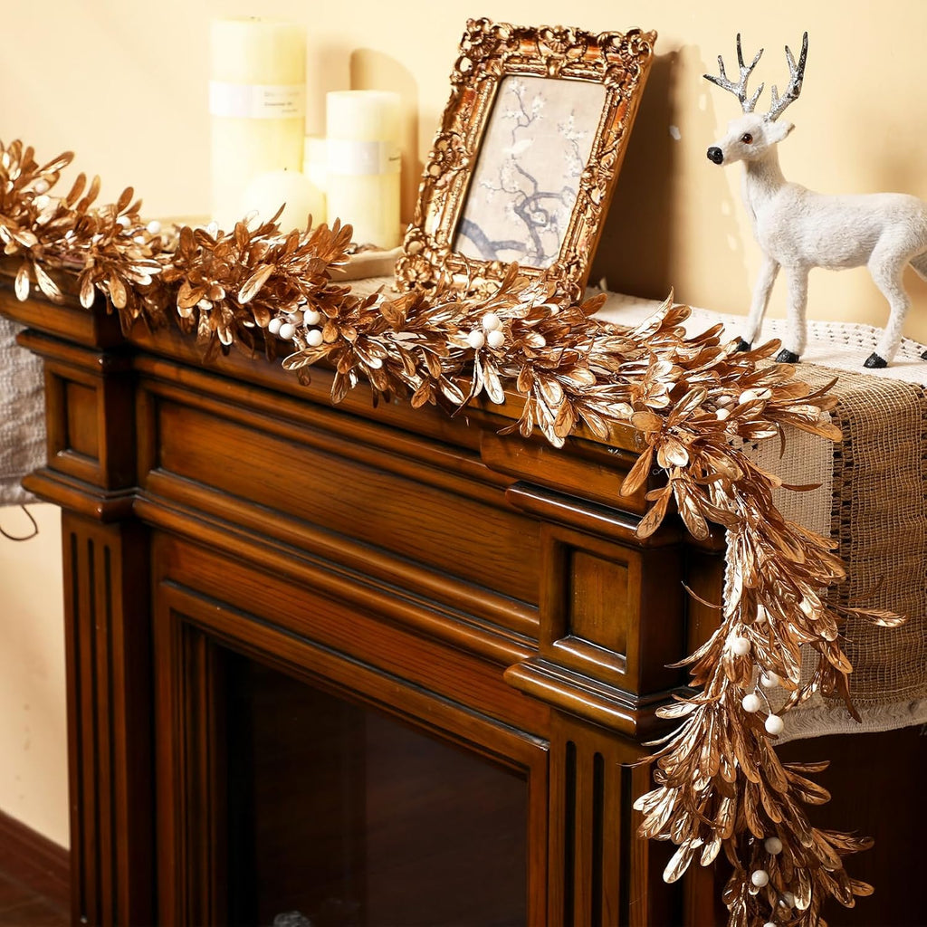 Dingion 6 Ft Christmas Gold Leaf Garland Artificial Boxwood Leaf Garland with Pearl White Berry for Christmas Fireplace Front Door Stairs Decoration Winter Engagement Birthday Wedding Party Supplies