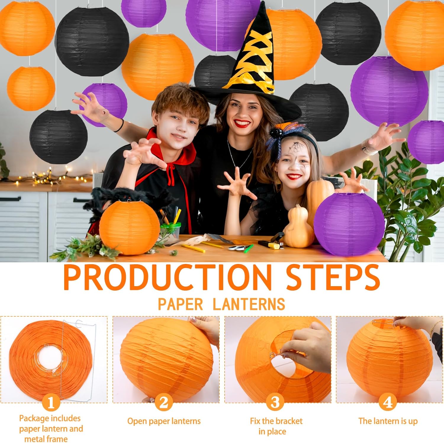 Halloween Party Decorations, Orange Black Purple Hanging Paper Lanterns for Halloween Ceiling, Horror Party Birthday Wedding Yard Garden Decor Indoor Outdoor，15pcs