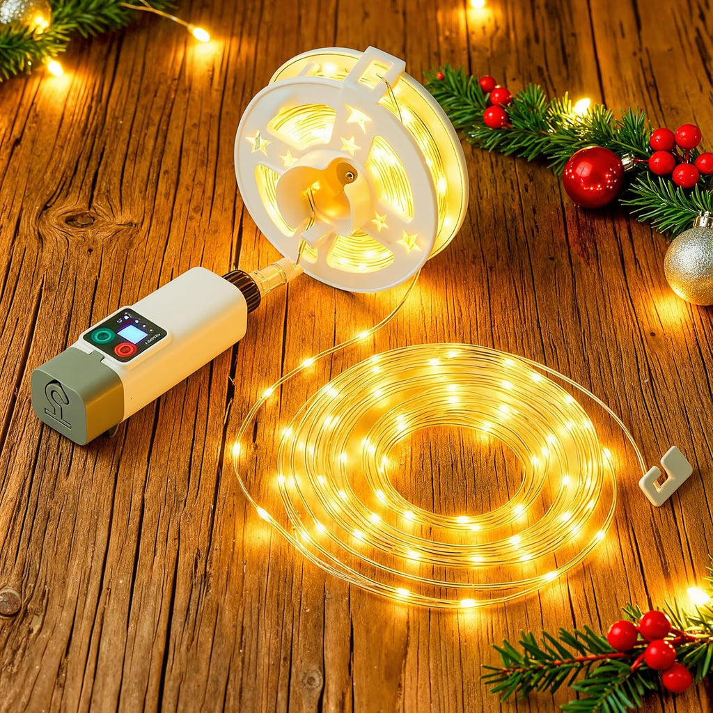 Anpro Outdoor String Lights Indoor: 66FT 200 LED Rechargeable String Lights for Outside, Quick Reel-in, Waterproof Camping Lights, 3 Timer 8 Modes, Christmas Twinkle Lights Decor for Yard, Patio