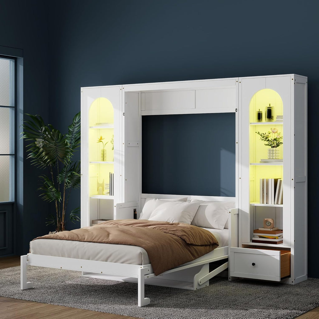 MERITLINE Queen Murphy Bed with Desk and Storage & LED Light, Solid Wood Hideaway Murphy Wall Bed with Storage Bookcase Shelves and Drawers for Adults (White,Queen)