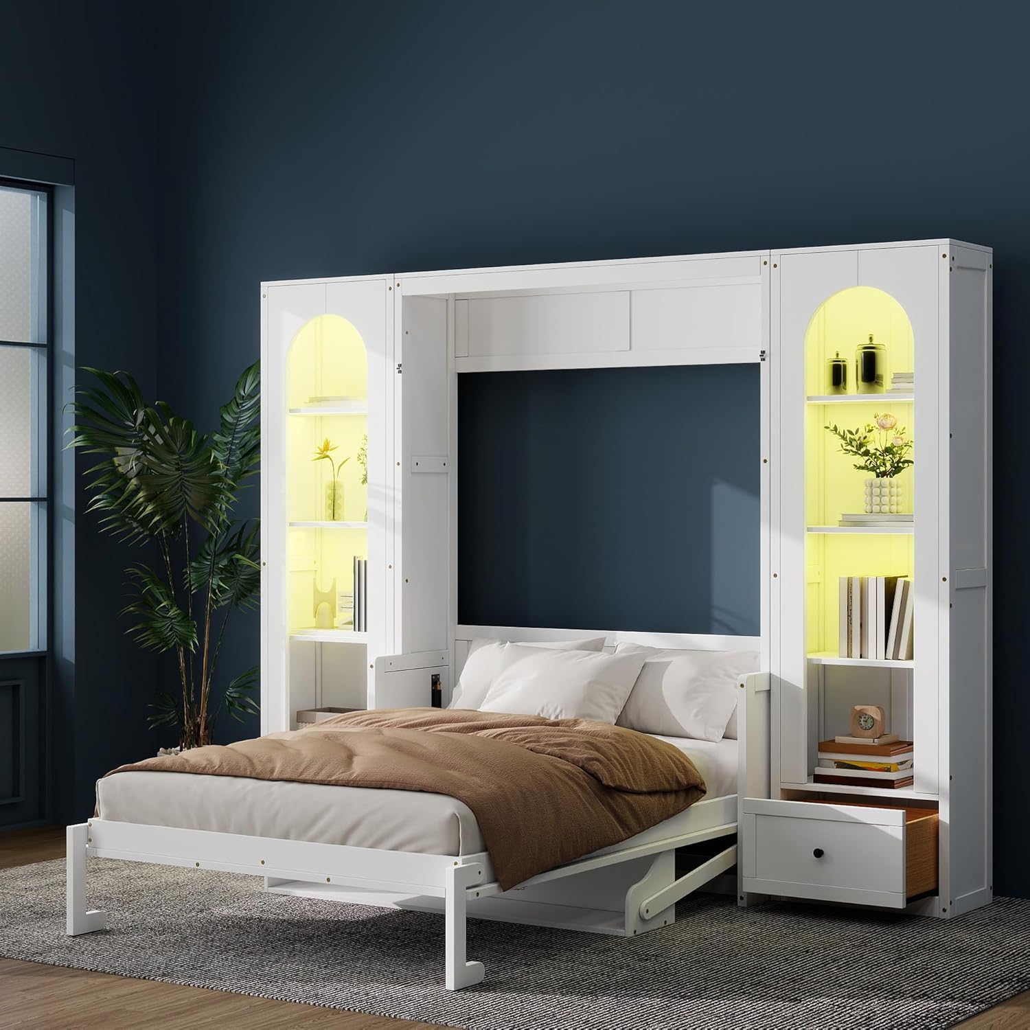 MERITLINE Queen Murphy Bed with Desk and Storage & LED Light, Solid Wood Hideaway Murphy Wall Bed with Storage Bookcase Shelves and Drawers for Adults (White,Queen)
