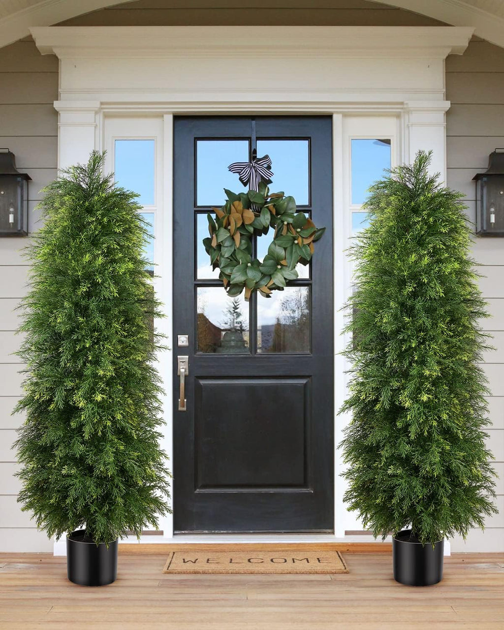 2 Pack 5ft Artificial Cedar Topiary Trees, Outdoor Artificial Plants for Front Porch Décor, Artificial Shrubs Fake Plants Uv Rated Potted Plants for Outdoor, Indoor, Front Door, Office
