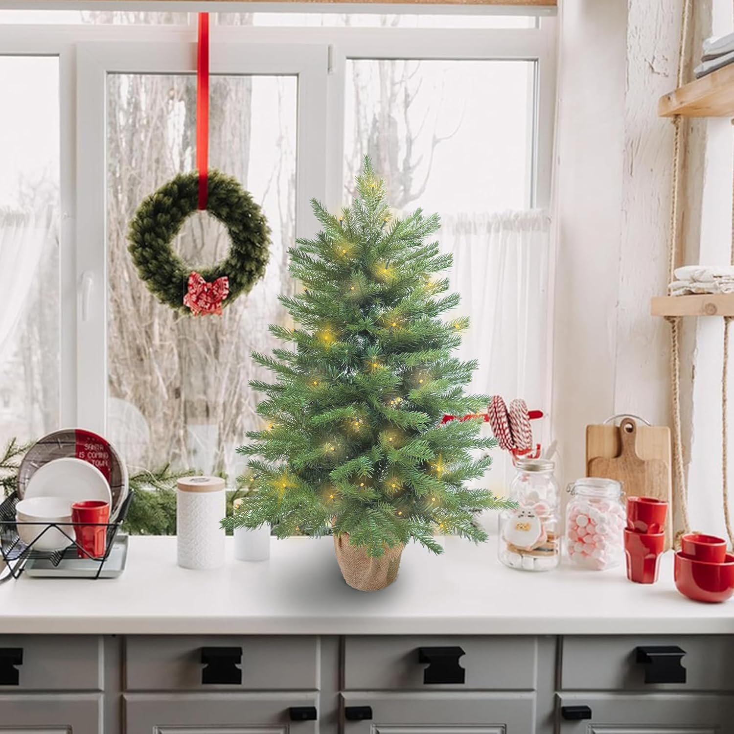 3ft Pre-Lit Mini Fir Christmas Tree,Artificial Pine Xmas Tree,106 PE Branches Tips & 84 PVC Branches Tips & UL Certification LED Lights & Burlap Wrapped Base for Tabletop Desk,Battery Operated