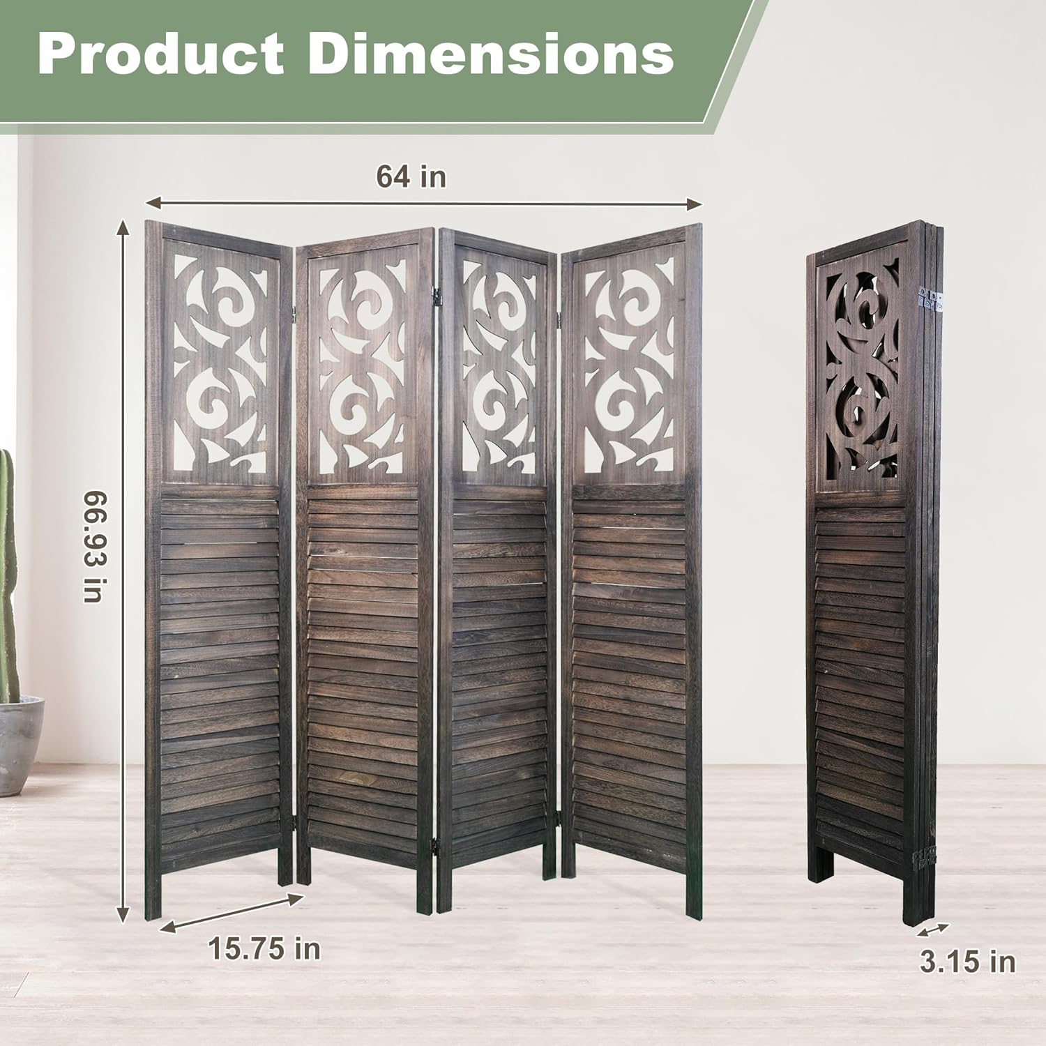 4 Panel Room Dividers 6FT Wall Divider Carved Wood Room Separator Folding Privacy Screens Cutout Design Foldable Partition Wall for Office Restaurant, Studio Apartment, Rustic Brown