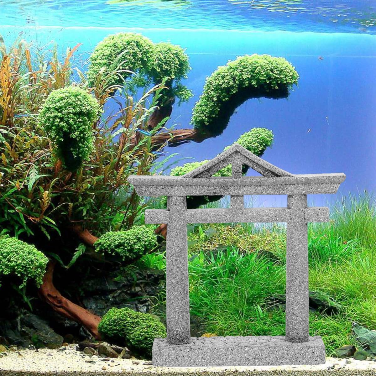 livelyfish Japanese Fish Tank Decorations Asian Aquarium Decor Torii Gate Ornament Japanese Shrine Oriental Pagoda Aquarium Sandstone Bridge Statues Betta Fish Decorations for Tank, L2