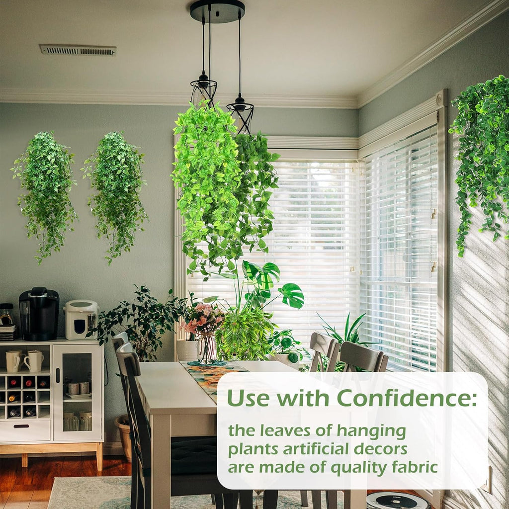 Hoteam 12 Pcs Artificial Hanging Plants 32 Inch Fake Ivy Vines with Fake Leaves Patio Artificial Plants Greenery for Living Room Indoor Outdoor Wall, No Basket (6 Style Mixed)