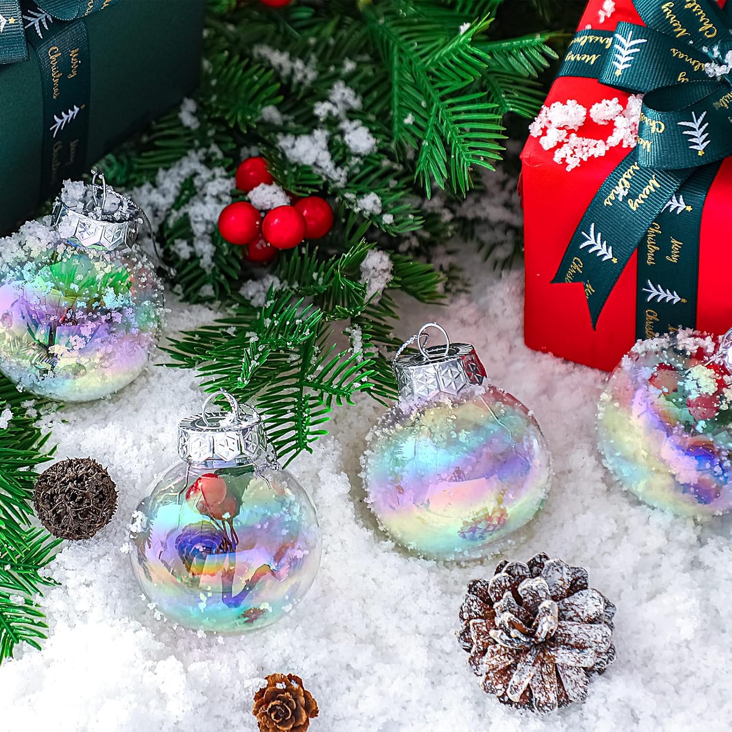 Funtery 24 Pcs Christmas Iridescent Clear Ornaments Balls Iridescent Christmas Balls for Tree Crafts Fillable Transparent DIY Hanging 2.5 Inch Rainbow Ball for Holiday Decor (Iridescence Style)