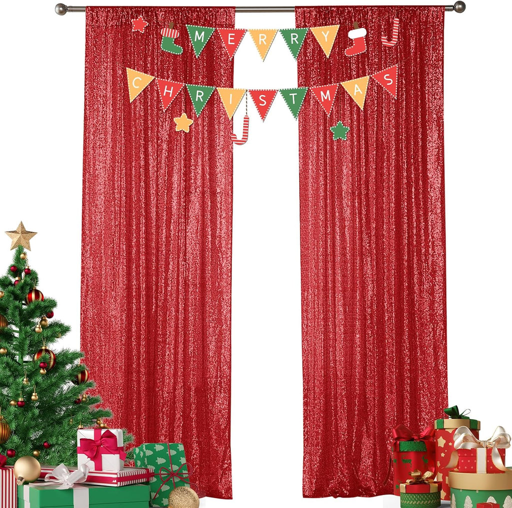 Sugargirl Red Sequin Backdrop Curtain 2 Panels 2FTx8FT Glitter Red Background Drapes Sparkle Photography Backdrop for Party Wedding Birthday Wall Decoration