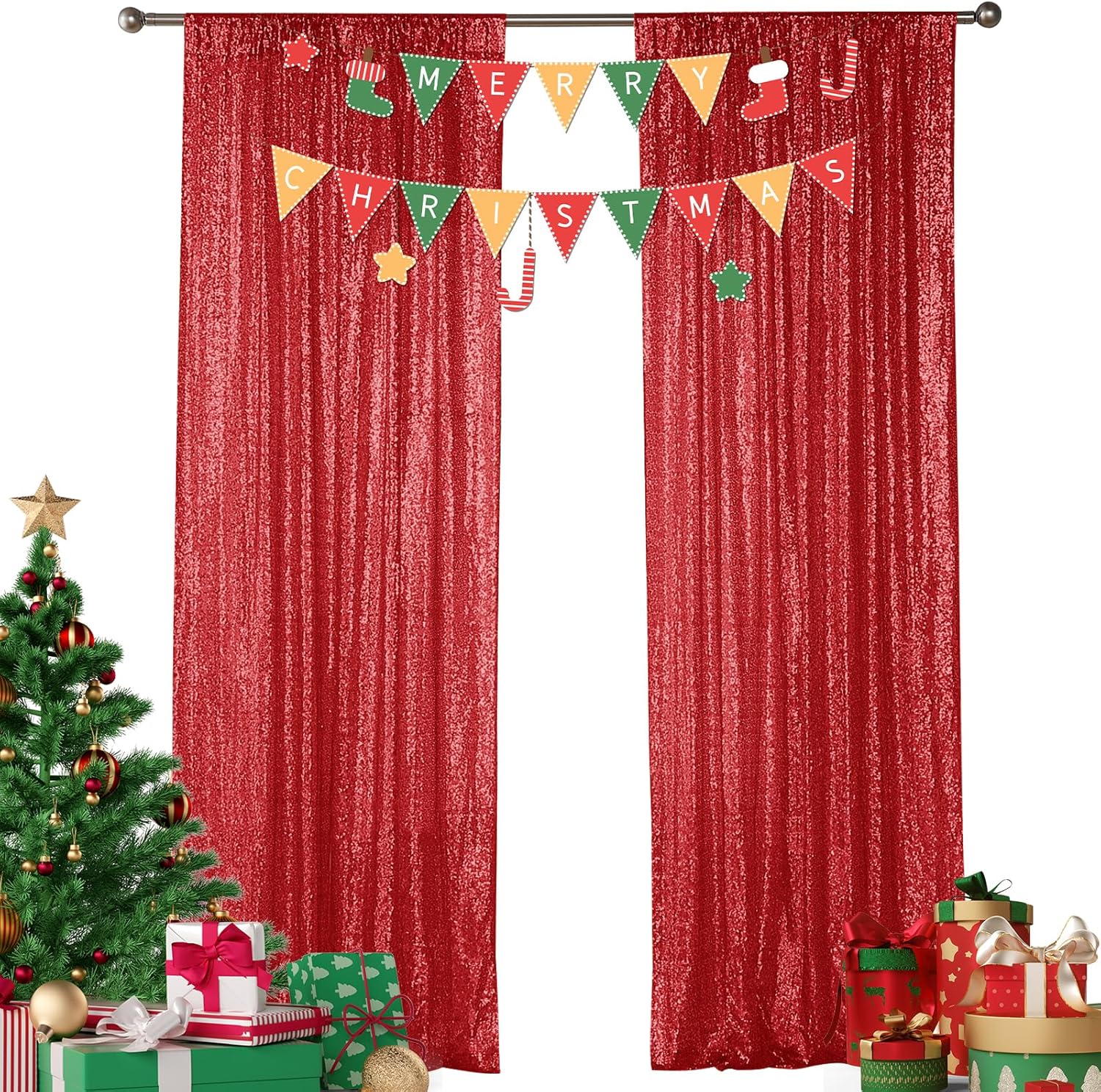 Sugargirl Red Sequin Backdrop Curtain 2 Panels 2FTx8FT Glitter Red Background Drapes Sparkle Photography Backdrop for Party Wedding Birthday Wall Decoration