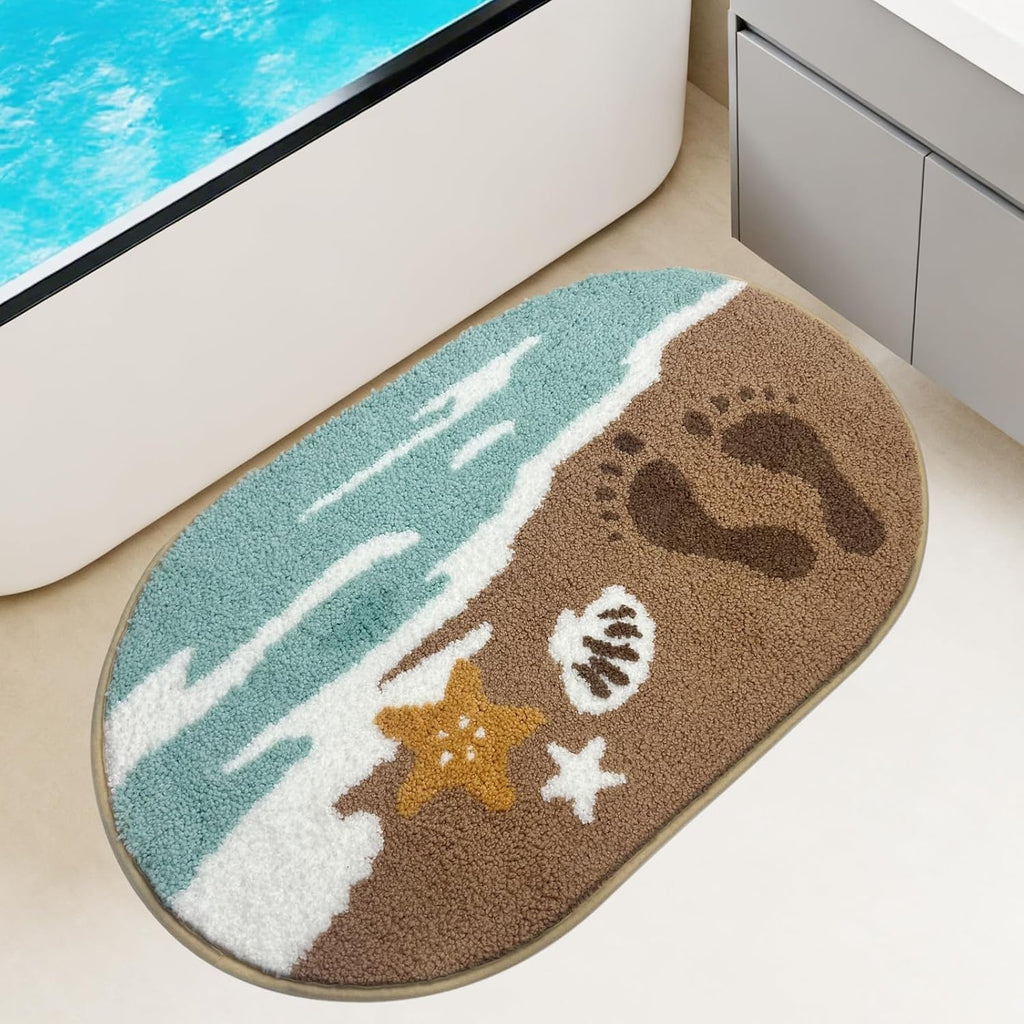 Beach Bathroom Rugs Soft Absorbent Ocean Wave Bath Mat with Non-Slip Backing Coastal Decor for Bathroom Kitchen Entryway, Blue Sea Design with Starfish Shells Pattern Bath Decor (D, 20"x32")