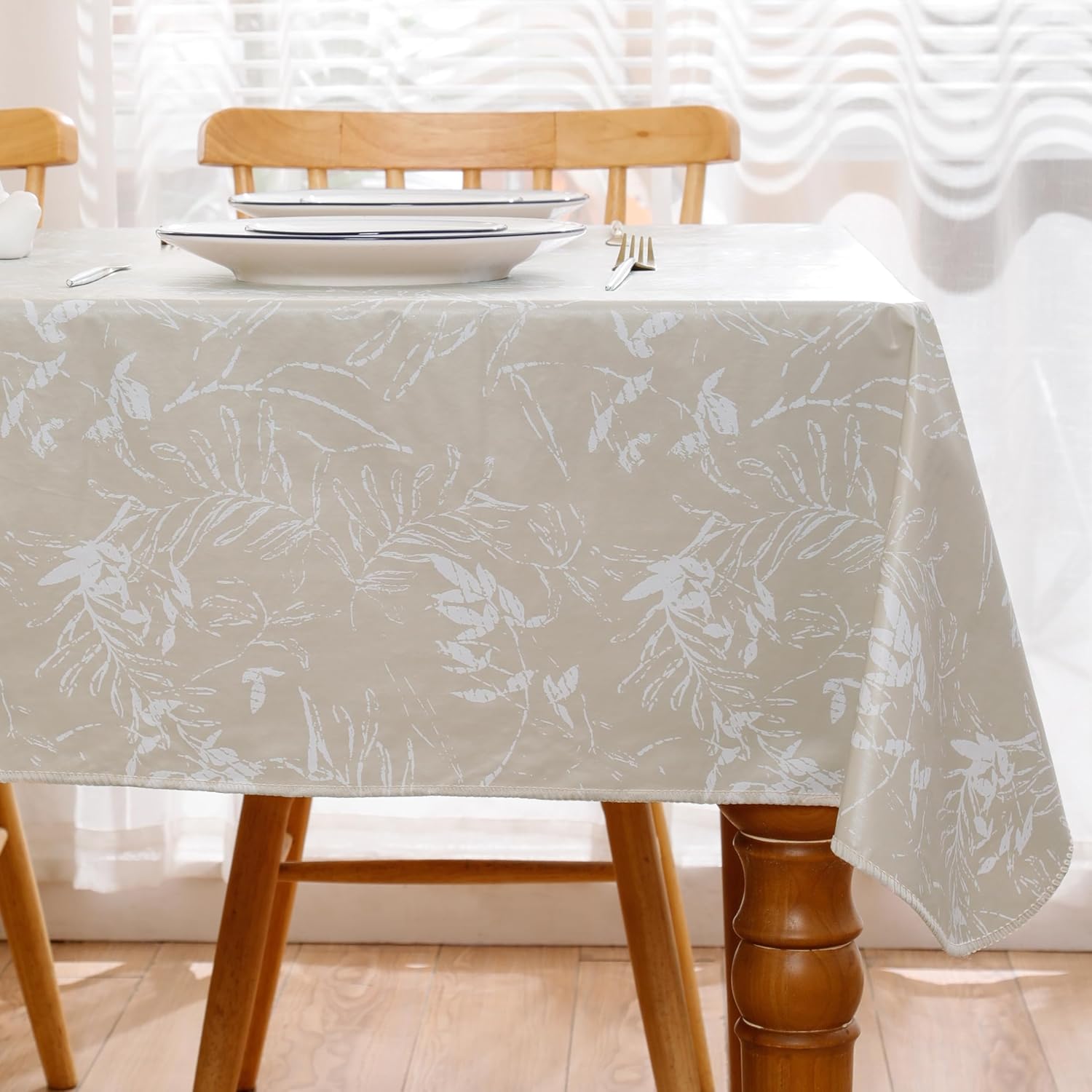 Heavy Duty Vinyl Tablecloth with Flannel Backing Waterproof Oil-Proof Plastic Table Cloth Stain-Resistant Wipeable Rectangle or Square Table Cover for Indoor and Outdoor (Beige Leaf,60x84 Inch)