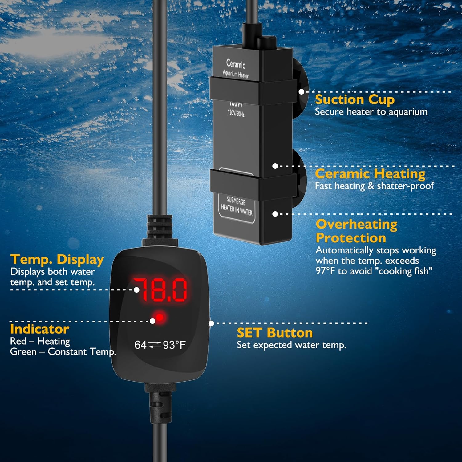 Aquarium Heater 100W Alumina Ceramic Betta Heater Adjustable Submersible Fish Heater Small Fish Tank Heater Turtle Heater with Digital Display Thermostat, for 10-20 Gallon Tanks