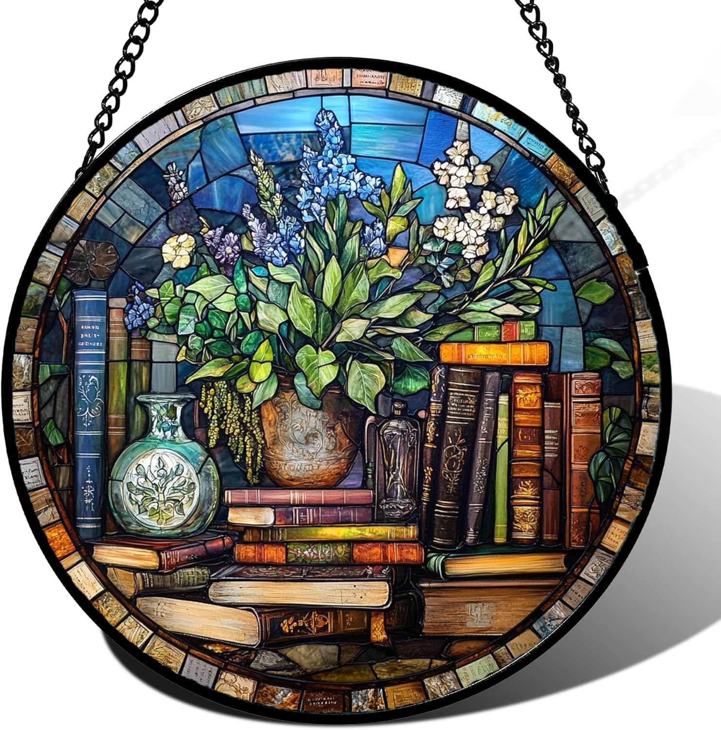 Stained Glass Window Hanging Teal Flower Vintage Books 9.8" - Blue Suncatcher Door Garden Sun Catcher Home Decor Birthday Christmas for Mom Men Woman Nana Friend
