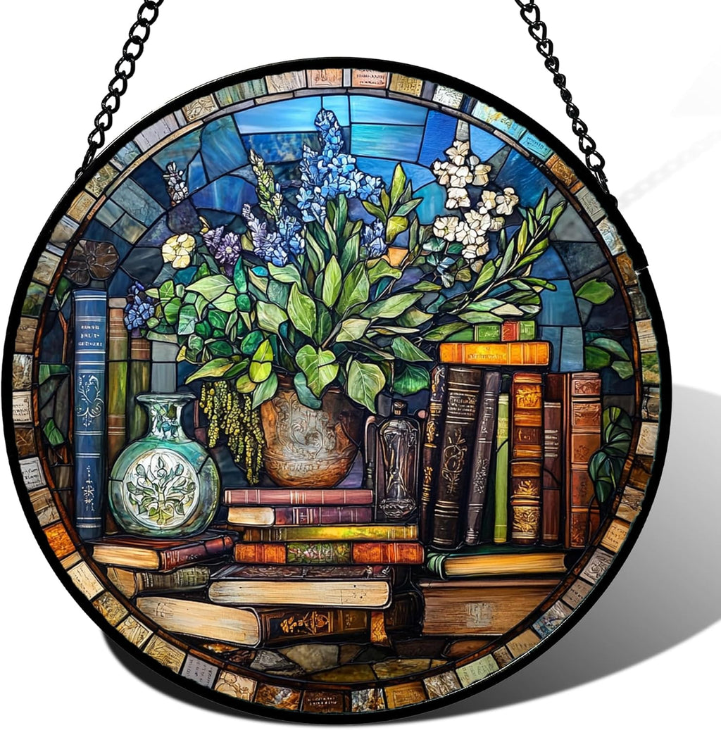 Stained Glass Window Hanging Teal Flower Vintage Books 7.8" - Blue Suncatcher Door Garden Sun Catcher Home Decor Birthday Christmas for Mom Men Woman Nana Friend