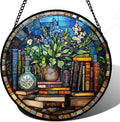 Stained Glass Window Hanging Teal Flower Vintage Books 7.8" - Blue Suncatcher Door Garden Sun Catcher Home Decor Birthday Christmas for Mom Men Woman Nana Friend