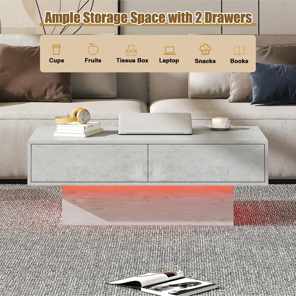 Rectangular LED Coffee Table with 2 Storage Drawers for Living Room, Center Middle Table Modern Cocktail Table Tea Tables Contemporary Mid Century Wood Home Office Waiting Room, Light Grey