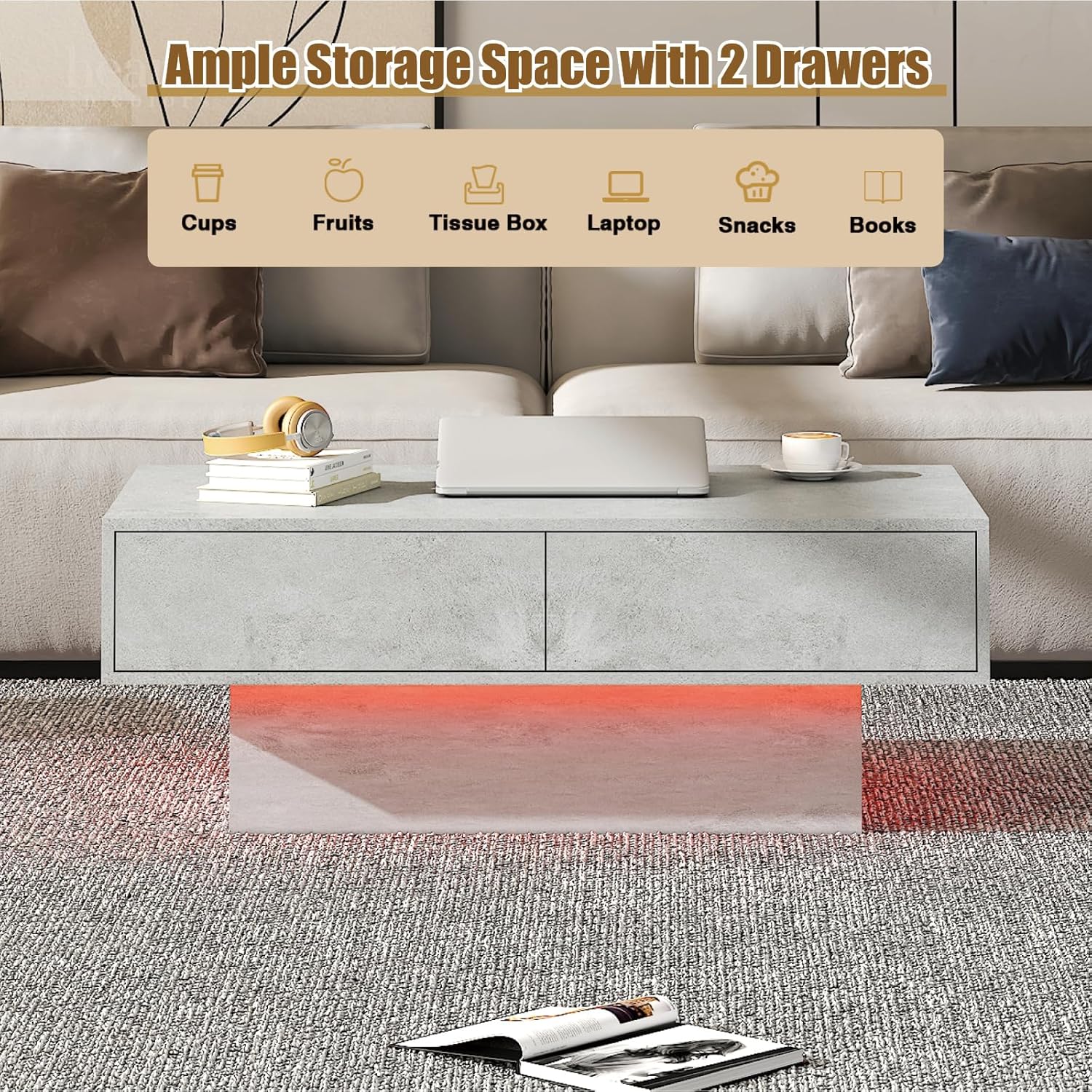 Rectangular LED Coffee Table with 2 Storage Drawers for Living Room, Center Middle Table Modern Cocktail Table Tea Tables Contemporary Mid Century Wood Home Office Waiting Room, Light Grey