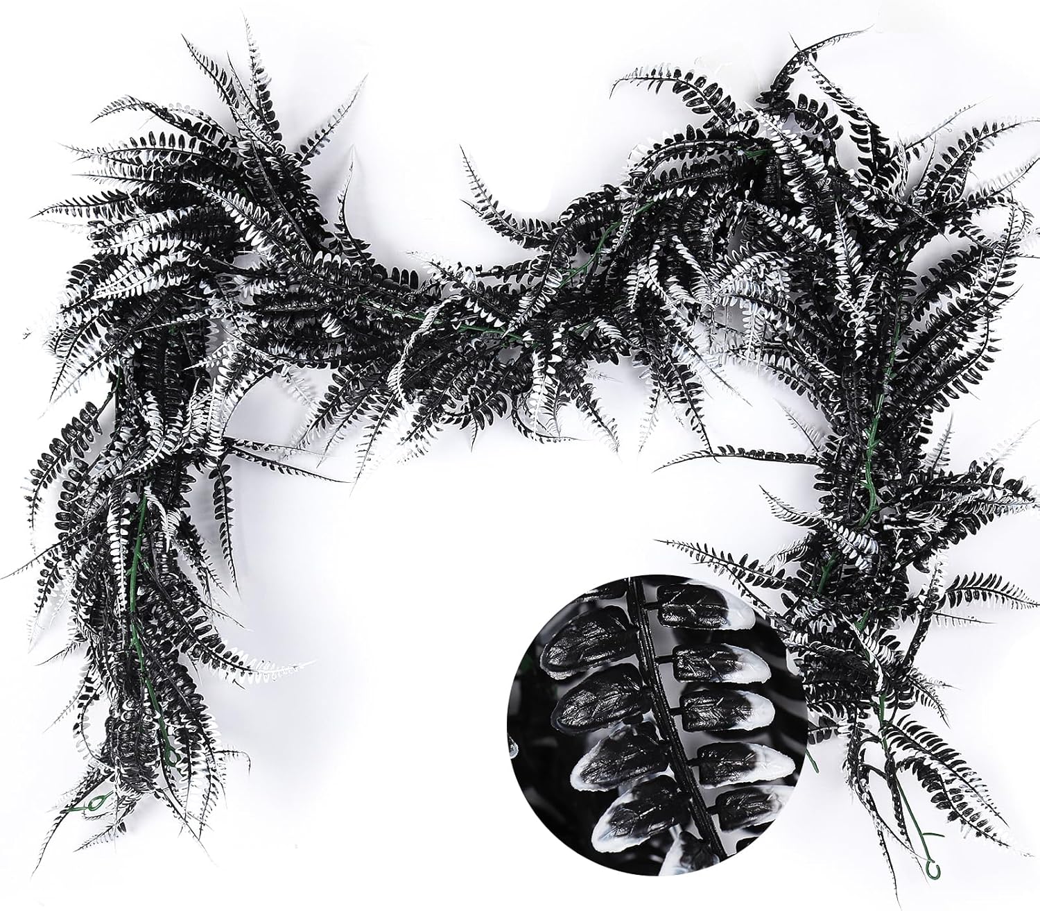 RECUTMS 2pcs Black Garland Artificial Boston Palnts 6 FT Fern Garland Faux Hanging Greenery UV Resistant Halloween Wreath for Outdoor Indoor Halloween Decor (Black+White)