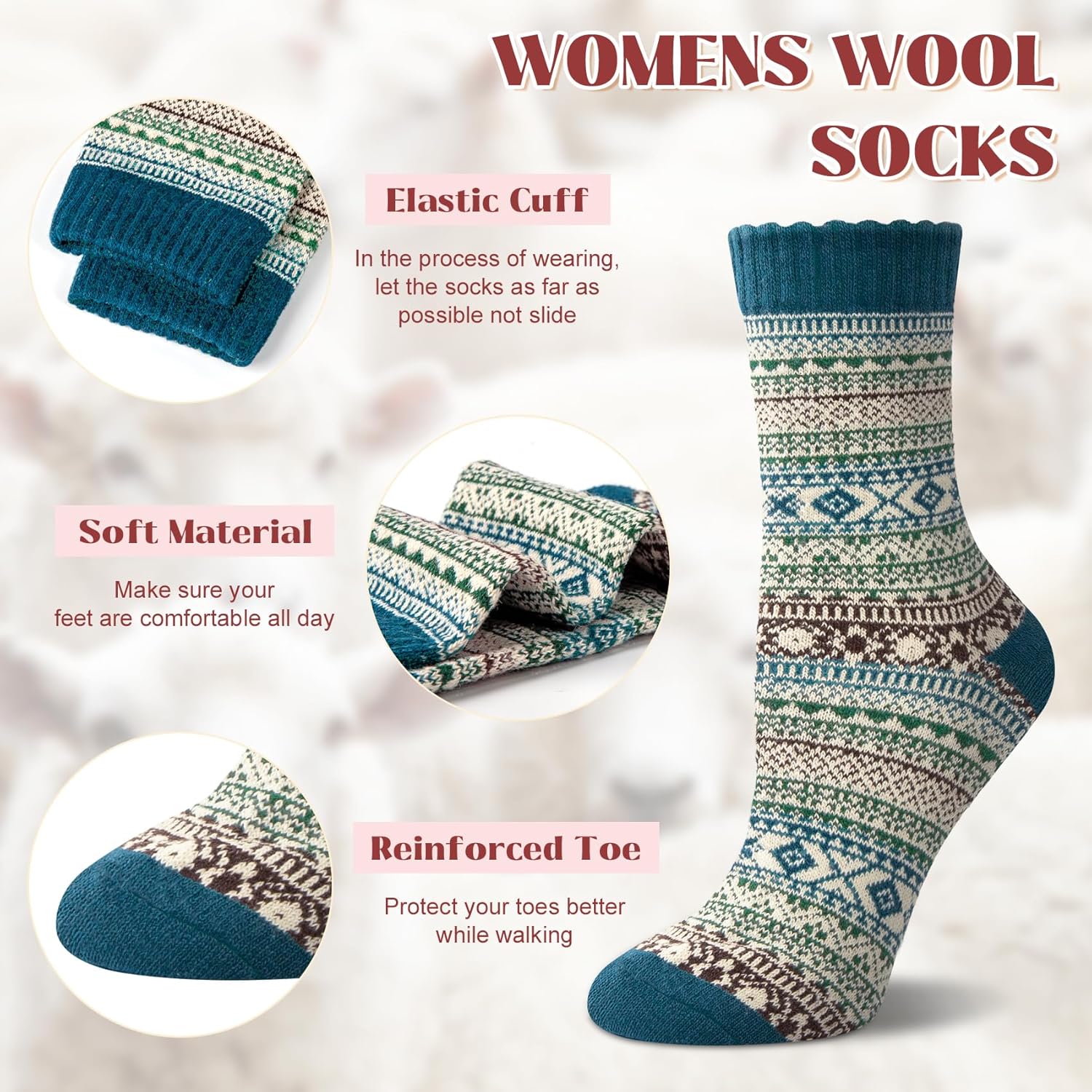 Justay 5 Pairs Wool Socks for Women - Winter Thick Boot Cozy Crew Vintage Soft Calf Knit Warm Socks Gifts