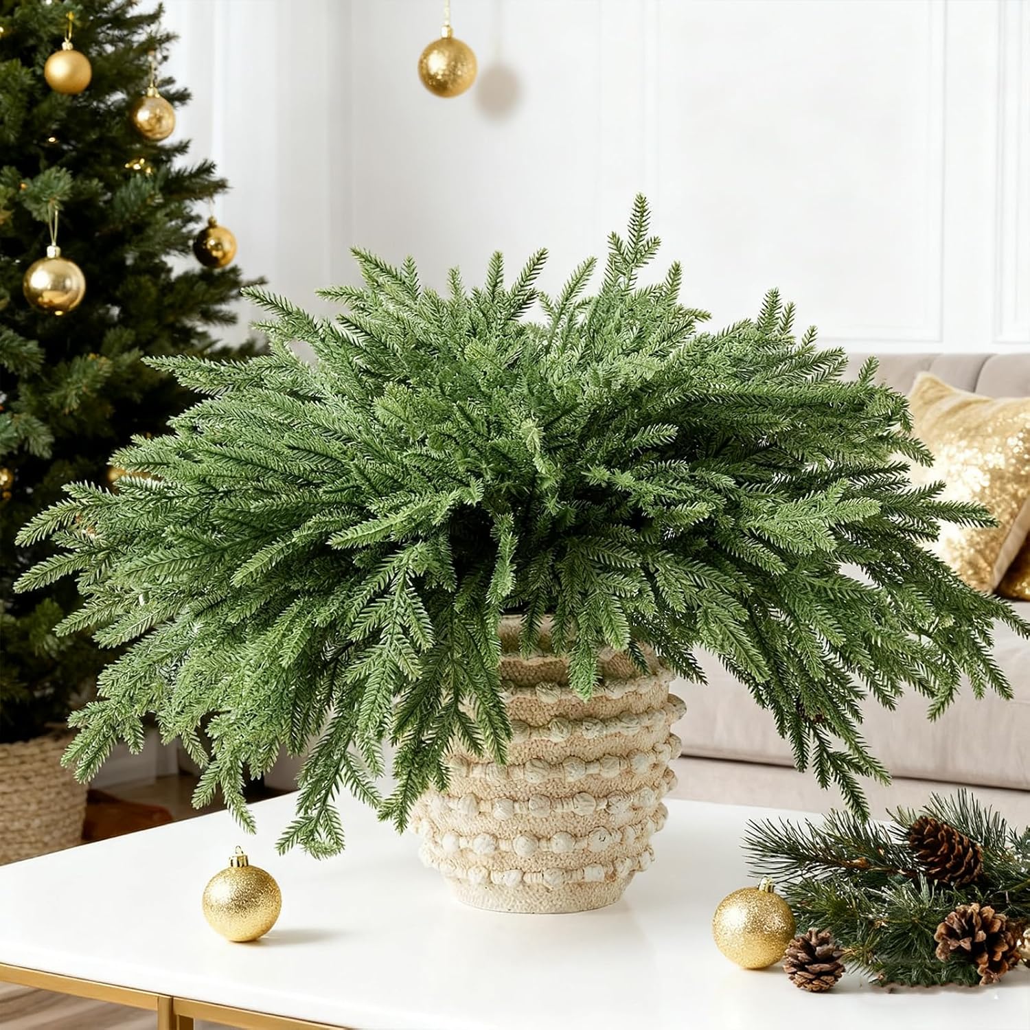 DN DECONATION Artificial Christmas Norfolk Pine Stems, Faux Pine Branches 22.4" 12PCS - Real Touch PE Greenery Fake Pine Needles for Vase Arrangements, Winter, Holiday Indoor Outdoor Home Decor