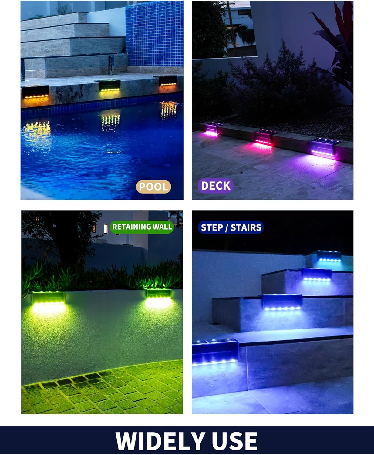 Solar Pool Lights, Color Changing Waterproof Step Lights for Outside, Heavy Duty Stainless-Steel Retaining Wall Light, Ultra-Thin & Anti-Trip 2-Way LEDs for Deck, Stairs, (RGB-W, 6Pack)