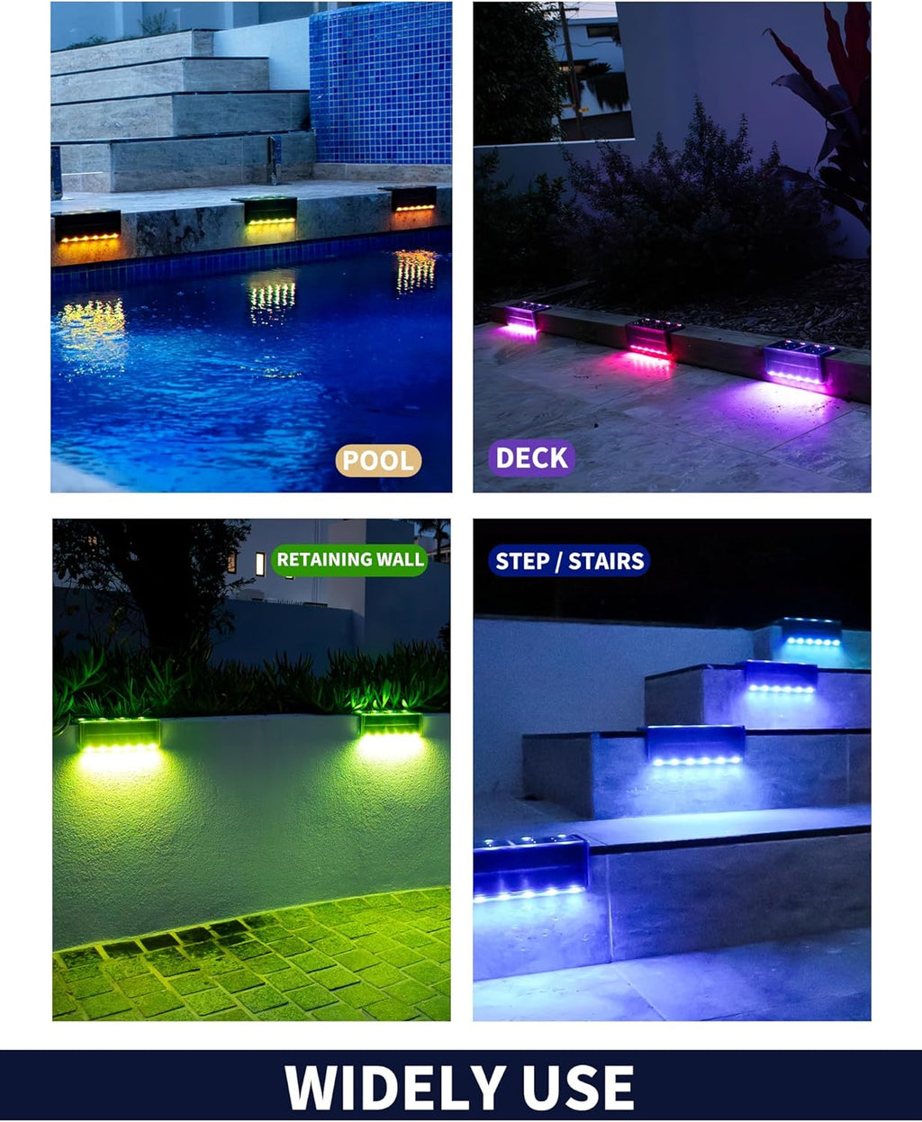 Solar Pool Lights, Color Changing Waterproof Step Lights for Outside, Heavy Duty Stainless-Steel Retaining Wall Light, Ultra-Thin & Anti-Trip 2-Way LEDs for Deck, Stairs, (RGB-W, 2Pack)