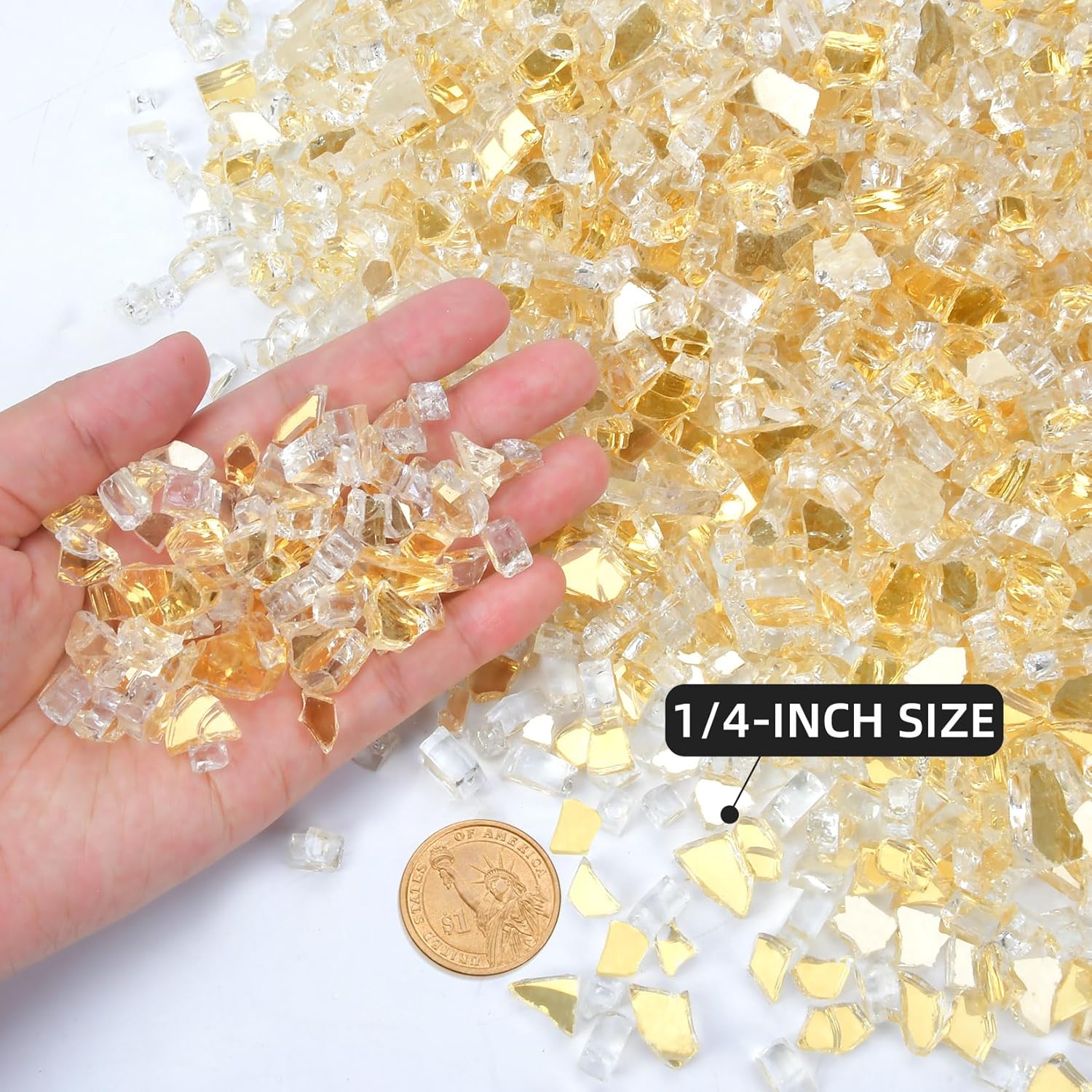 GasSaf 1/4 Inch Fire Glass Reflective Tempered Fireglass Cut Crushed FireGlass for Fire Pit, Fireplace, Replaces Existing Gas Logs & Lava Rocks (20 Pound)(Gold Reflective)