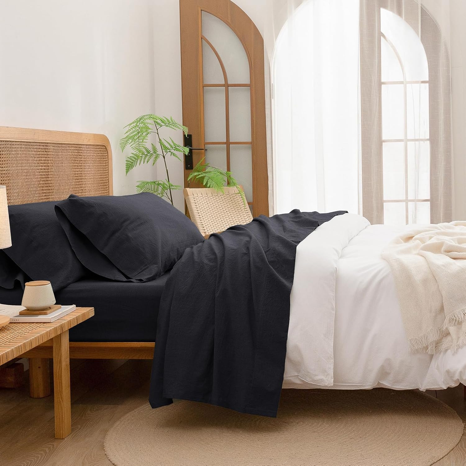 BESTOUCH Sheet Set 100% Washed Cotton Linen Feel Super Soft Comfortable Chic Lightweight 4 Pcs Home Bedding Set Solid Deep Black Full