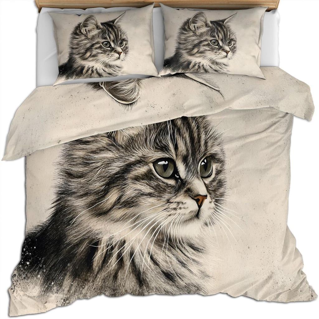 Cats Duvet Cover California King, Lovely Warm Cat Bedding Set 3 Piece Bedroom Decor Vintage Farmhouse Kitten Comforter Cover with Zipper Ties & 2 Pillowcases