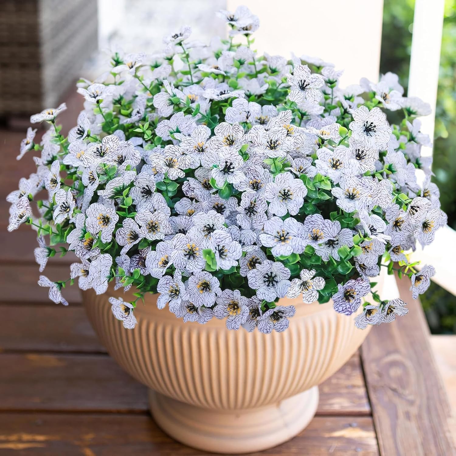 HyeFlora Artificial Flowers for Outdoor Indoor Garden Home Decoration, Faux Flower Daisy with Eucalyptus Leaves Fake Plants Greenery Boxwood Porch Patio, 12 Bundles (Creamy White)